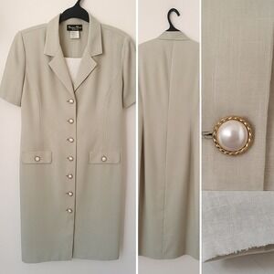 Stuart Alan Vintage Dress Sz 14 Made in USA Beige Pearl Button 90s Y2K READ